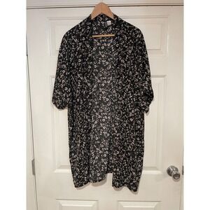 L Floral‎ Kimono Duster Open Front Lightweight Ruana Flowy Black Tan H&M Divided